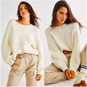 Free People Sweater Womens Carter Pullover Boat Neck Balloon Sleeve Ivory